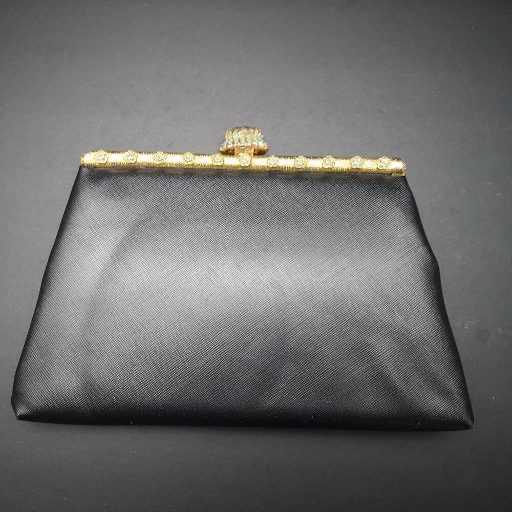 Vintage After Five Black Faux leather Clutch w/ Gold & Blue Accents